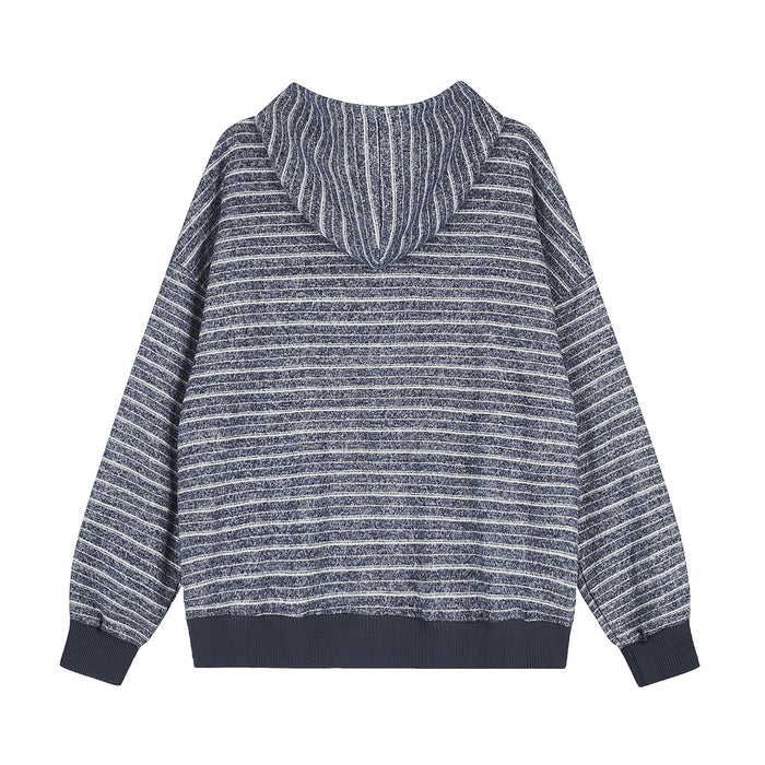 Back view of a navy blue striped hoodie with a hood and dark ribbed hem and cuffs