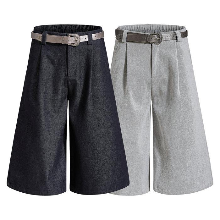 Men's wide-leg pleated cropped shorts with belt in dark navy and light grey, front and back view