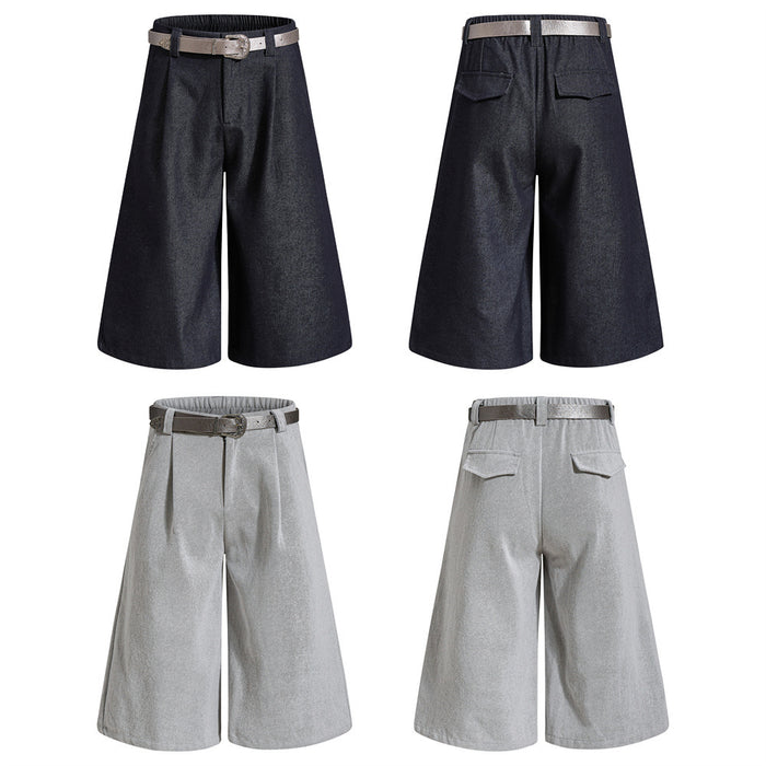 Wide-leg cropped shorts in dark navy and light gray shown front and back with belt