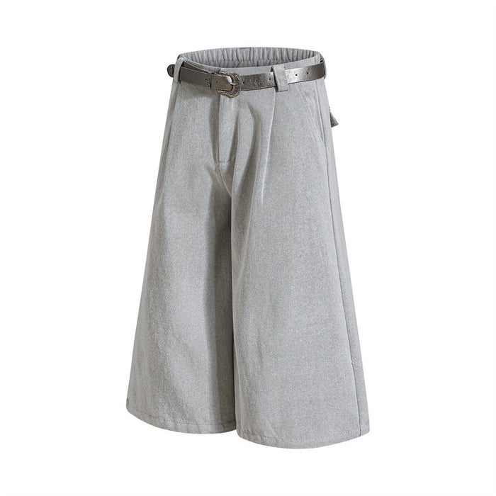 Light gray wide-leg cropped shorts shown at a slight angle with front pleats and belt