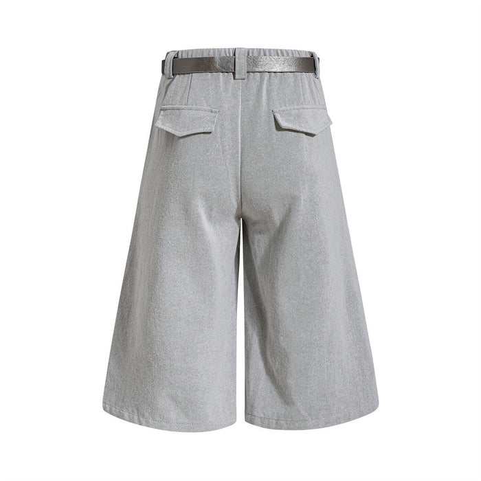 Light gray wide-leg cropped shorts shown from the back with flap pockets and belt