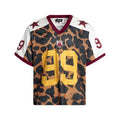 Men's leopard print football jersey with V-neck burgundy collar, white star shoulder panels, and yellow number 99 graphic