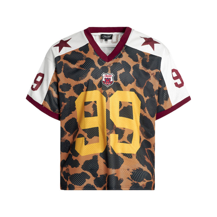 Men's leopard print football jersey with V-neck burgundy collar, white star shoulder panels, and yellow number 99 graphic
