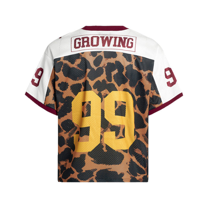 Back view of a leopard print football jersey with white shoulders, burgundy trim, Growing text and yellow number 99