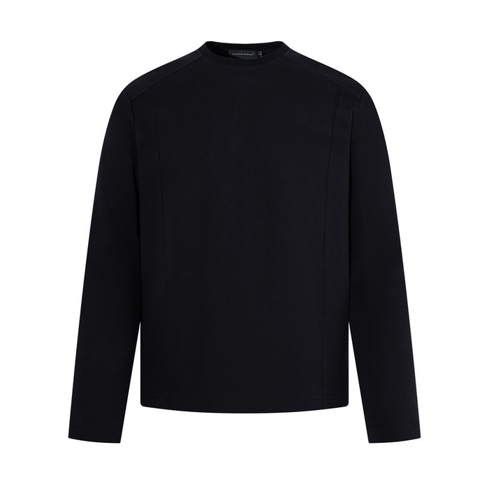 Men's relaxed-fit long sleeve crew neck t-shirt in black with tonal seam detailing, front view