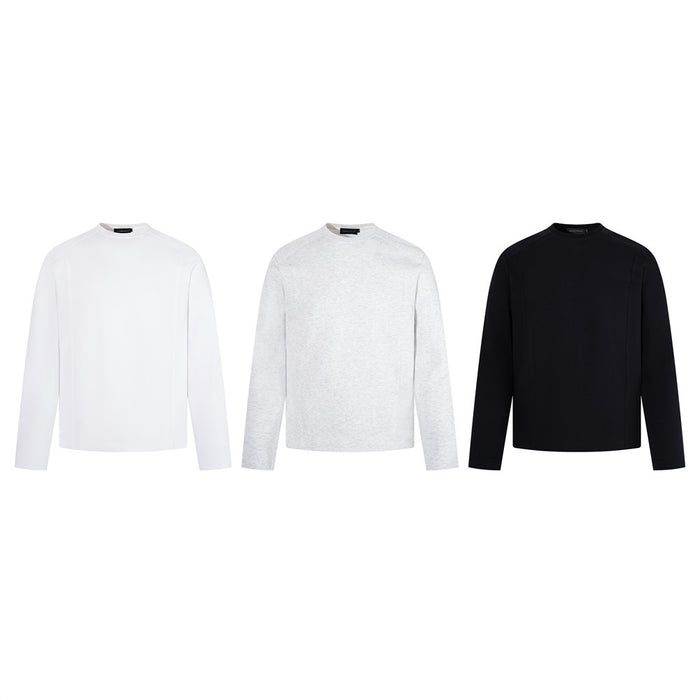Three long sleeve crew neck T-shirts in white, heather gray, and black front view