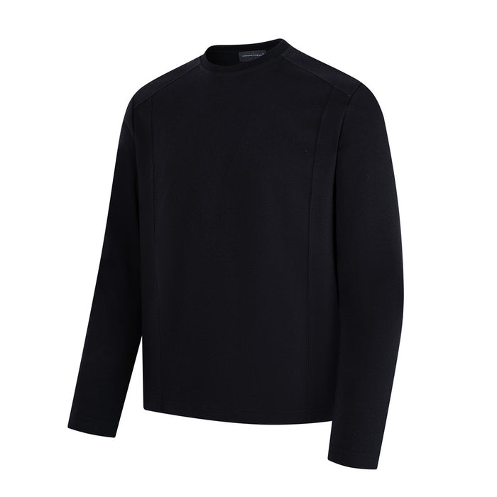 Black long sleeve crew neck T-shirt front view with clean seam detailing