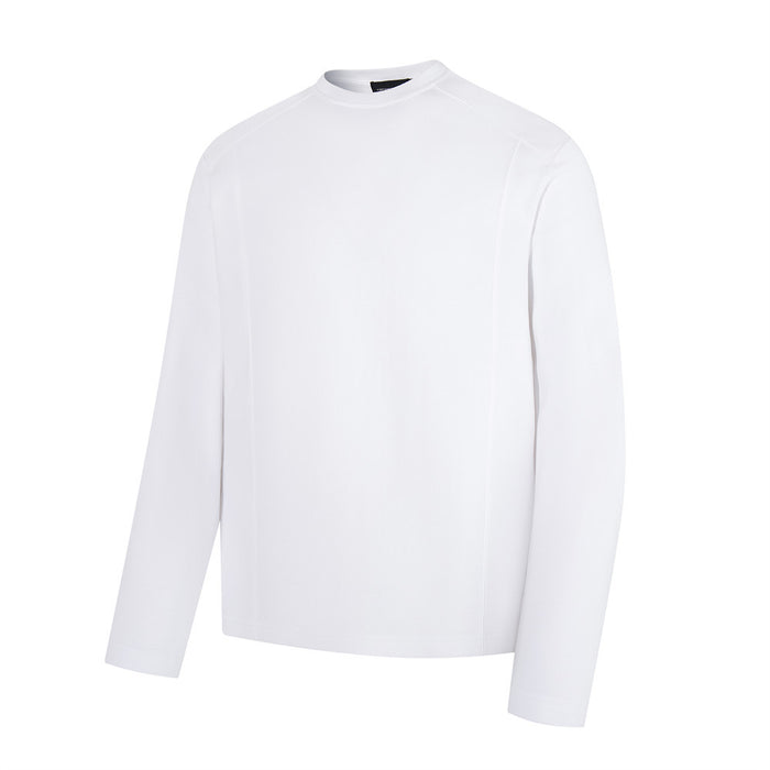 White long sleeve crew neck T-shirt front view angled slightly to the right