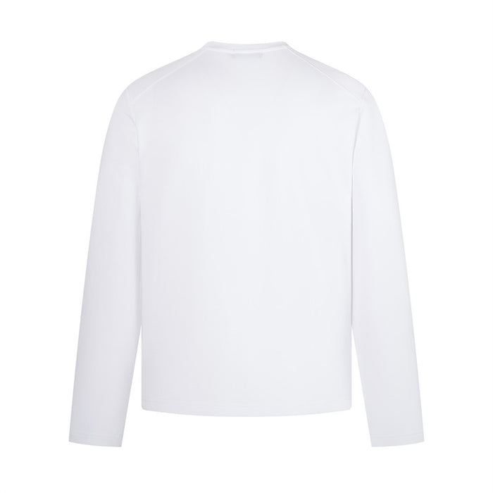 White long sleeve crew neck T-shirt back view with raglan-style seams