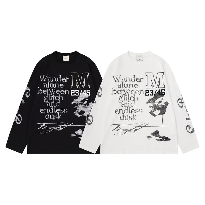 Black and white long sleeve graphic shirts with oversized letter prints and patterned sleeves shown front-facing