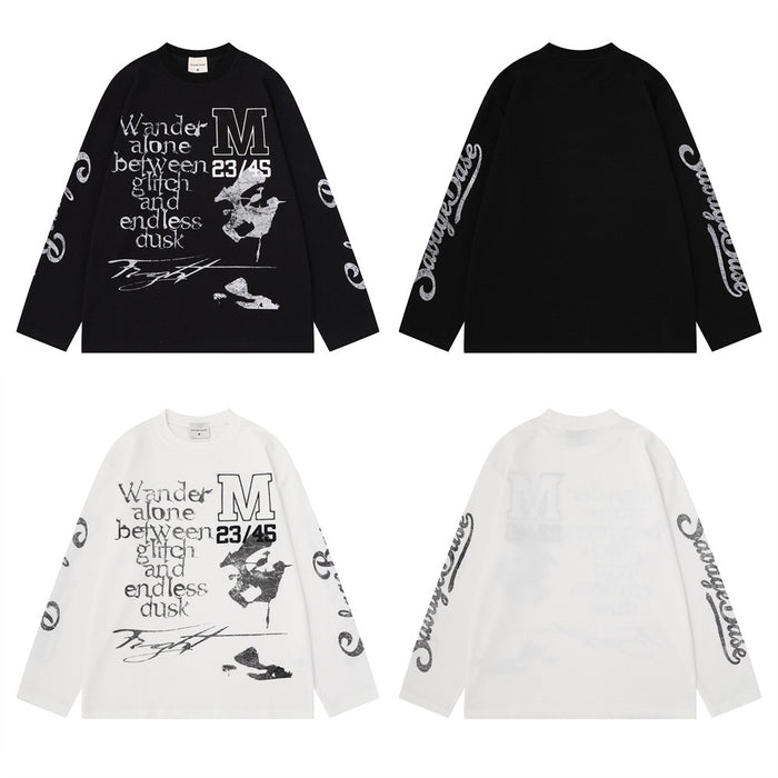 Black and white waffle knit graphic shirts shown in front and back views with printed sleeves