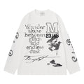 White waffle knit long sleeve shirt with layered black text, large M graphic, numbers, and abstract artwork