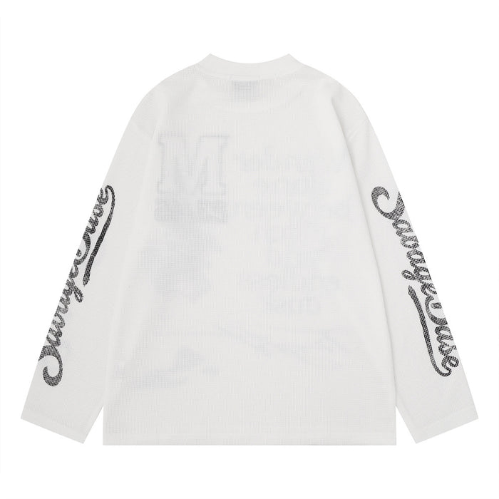 Back view of a white waffle knit long sleeve shirt with faint back graphics and black script sleeves