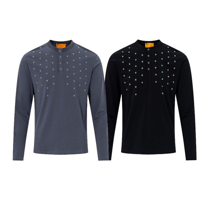 Two long-sleeve Henley shirts in slate gray and black with silver grommet details across the chest