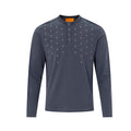Men's long sleeve slim-fit Henley shirt with silver metal grommet chest detail in deep charcoal grey, band collar and snap-bu