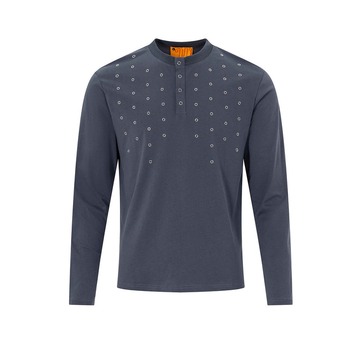 Men's long sleeve slim-fit Henley shirt with silver metal grommet chest detail in deep charcoal grey, band collar and snap-bu
