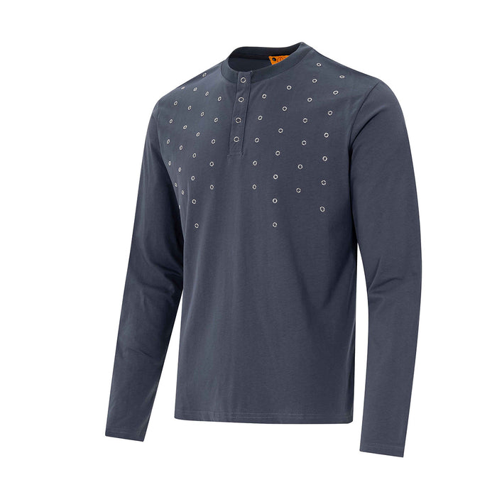 Slate gray long-sleeve Henley shirt shown from a front three-quarter angle with silver chest grommets