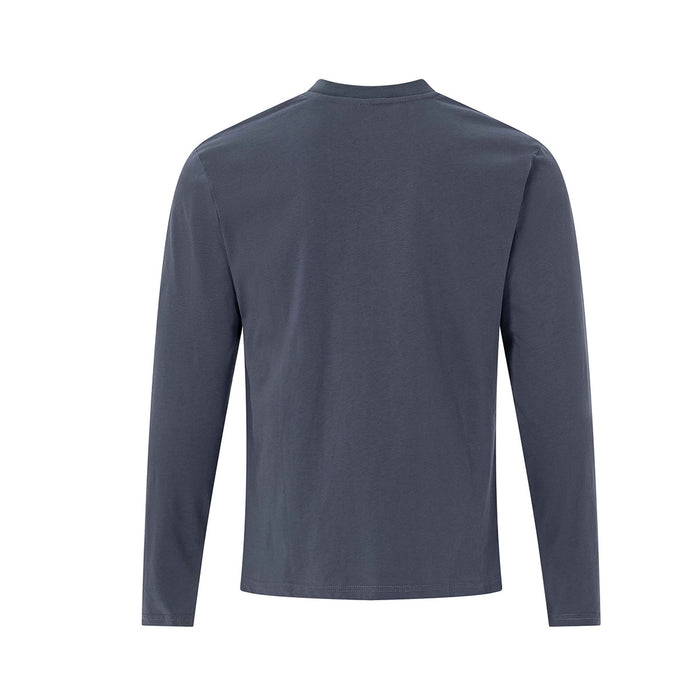 Slate gray long-sleeve Henley shirt shown from the plain back with a standing collar