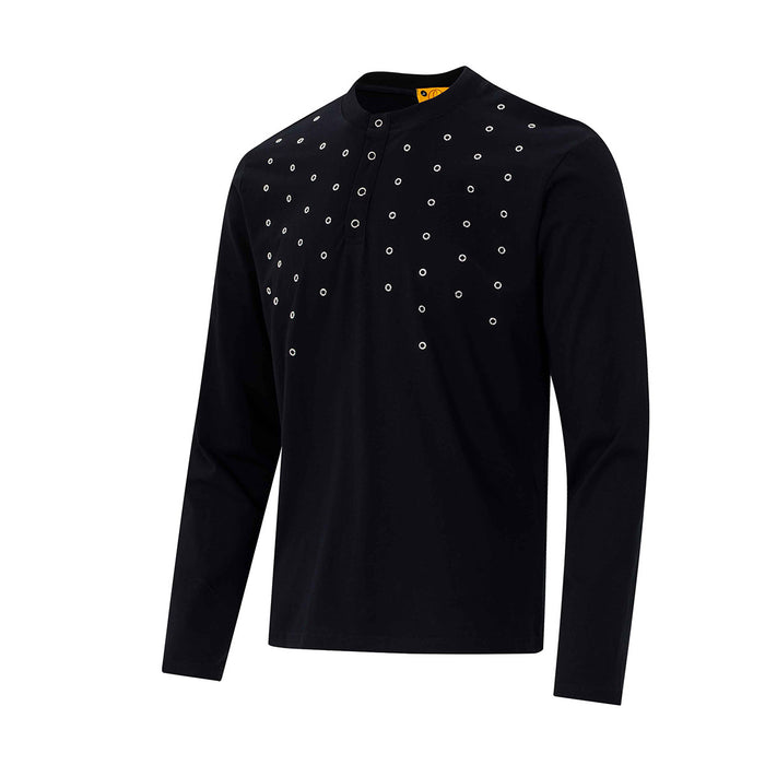 Black long-sleeve Henley shirt shown from a front three-quarter angle with silver chest grommets