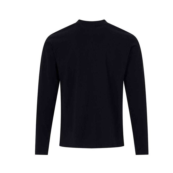Black long-sleeve Henley shirt shown from the plain back with a standing collar