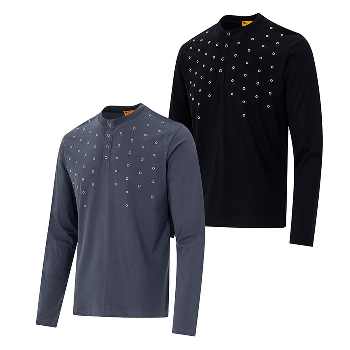 Slate gray and black long-sleeve Henley shirts overlapping in angled front views with silver grommet details