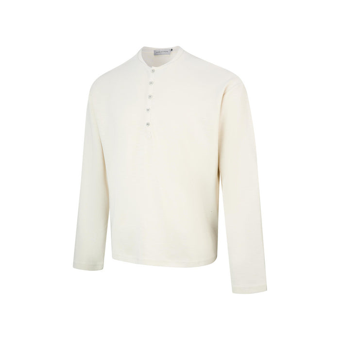 Cream long-sleeve Henley shirt shown from the front at a slight angle with a short button placket