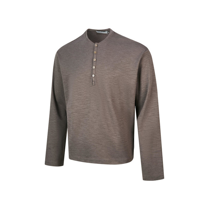 Brown long-sleeve Henley shirt in a slightly angled front view with long sleeves and button placket