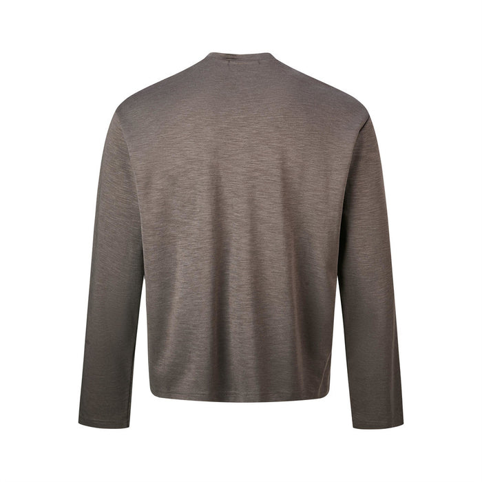 Brown long-sleeve Henley shirt shown from the back with a plain textured finish