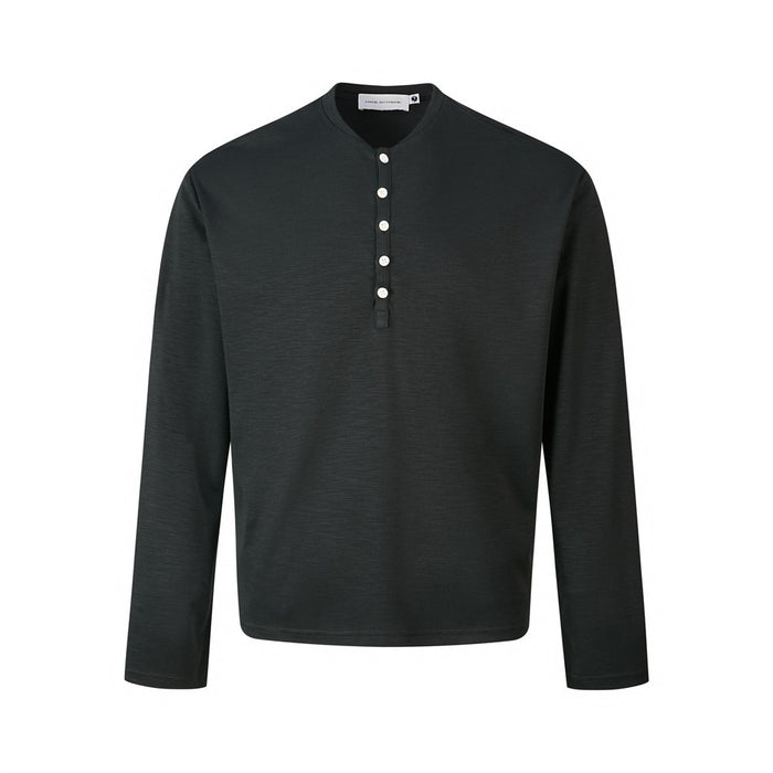 Black long-sleeve Henley shirt shown straight on with a round collar and five light buttons