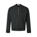 Black long-sleeve Henley shirt shown straight on with a round collar and five light buttons
