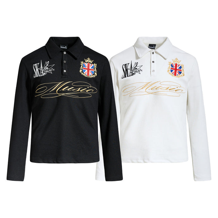 Black and white long-sleeve polo shirts with collared fronts, music graphics, gold script, and Union Jack crests