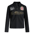 Men's long-sleeve polo shirt with gold Music embroidery and Union Jack heraldic crest badge in black and white