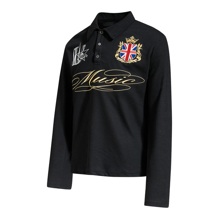 Black long-sleeve polo shirt shown from an angled front view with music graphics, gold script, and Union Jack crest