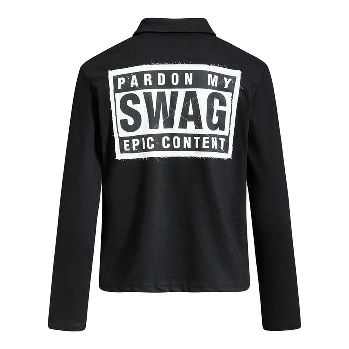 Back view of a black long-sleeve polo shirt featuring a large PARDON MY SWAG EPIC CONTENT graphic