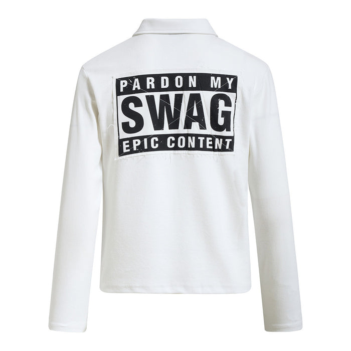 Back view of a white long-sleeve polo shirt featuring a large PARDON MY SWAG EPIC CONTENT graphic
