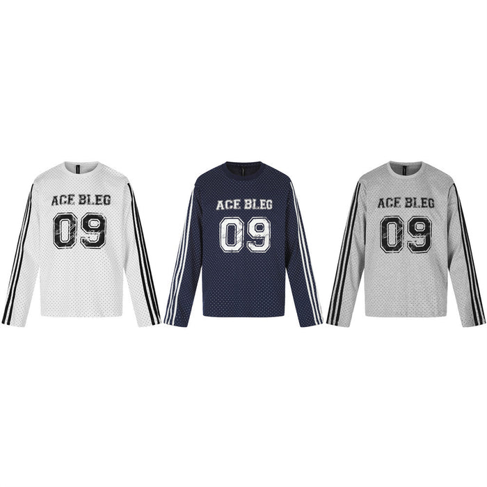 Three long-sleeve tees in white, navy, and gray with dotted patterns, striped sleeves, ACE BLEG text, and number 09