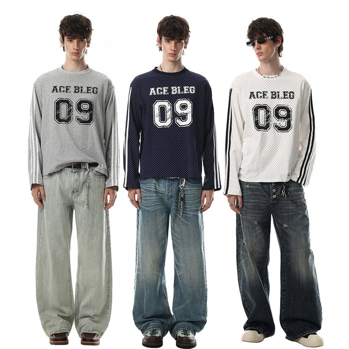 Three models wearing white, navy, and gray long-sleeve tees with dotted patterns, striped sleeves, and ACE BLEG 09 graphics