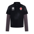 Men's black faux two-piece polo shirt with grey striped long sleeves, distressed finish, embroidered crest badge and 08 numbe