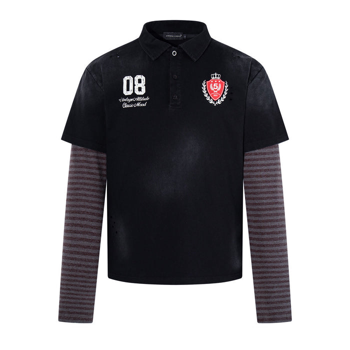 Men's black faux two-piece polo shirt with grey striped long sleeves, distressed finish, embroidered crest badge and 08 numbe