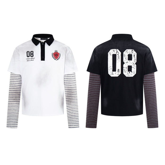 White long sleeve polo shirt with black collar, striped sleeves, front and back views