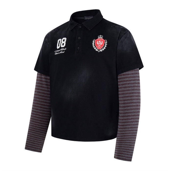 Black long sleeve polo shirt with striped sleeves, front view with chest graphics