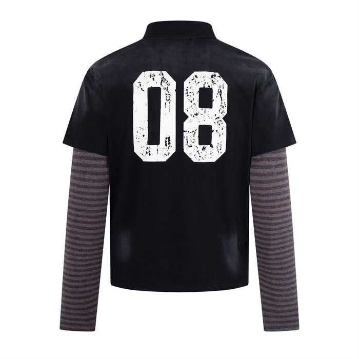 Black long sleeve polo shirt back view with large distressed 08 print and striped sleeves