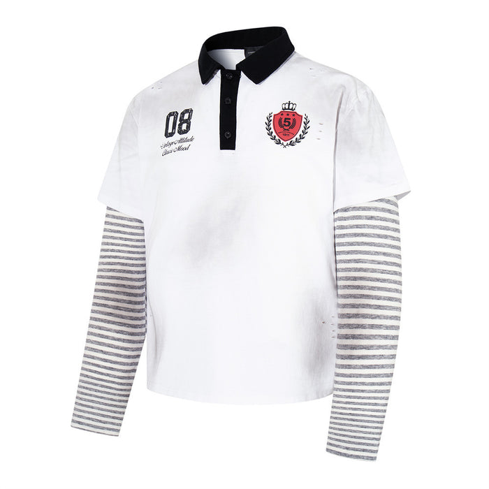 White long sleeve polo shirt angled front view with black collar and striped sleeves