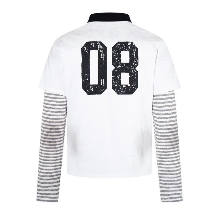 White long sleeve polo shirt back view with large 08 print and striped sleeves