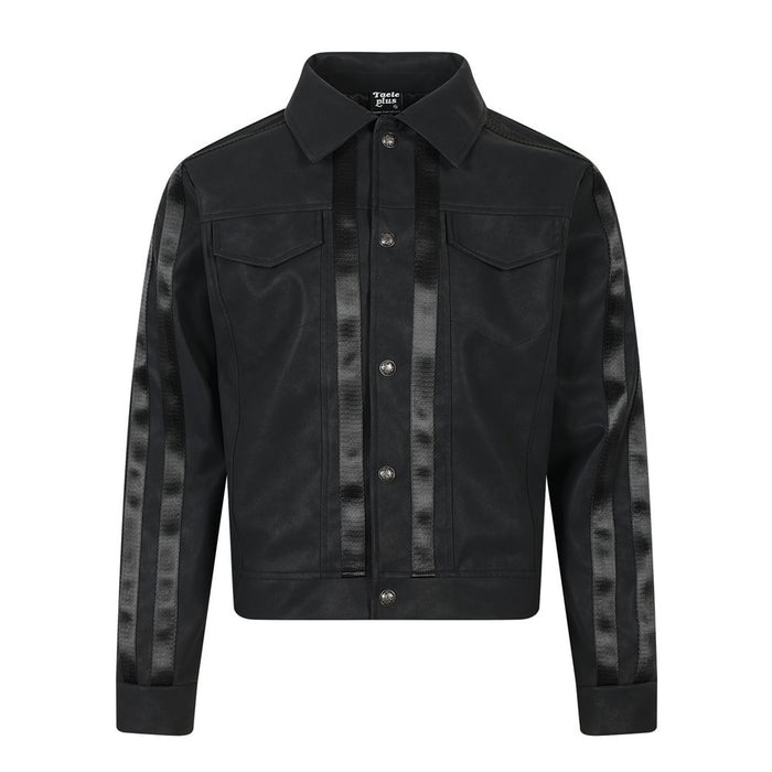 Men's black PU leather moto jacket with woven tape trim on front placket and sleeves, snap button closure and spread collar
