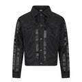 Men's black PU leather moto jacket with woven tape trim on front placket and sleeves, snap button closure and spread collar