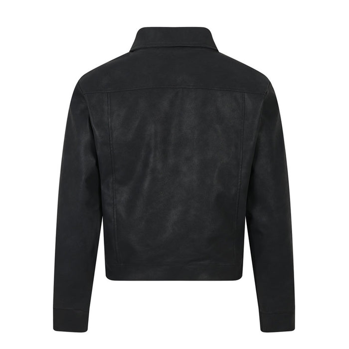 Black PU leather jacket back view with straight hem and long sleeves