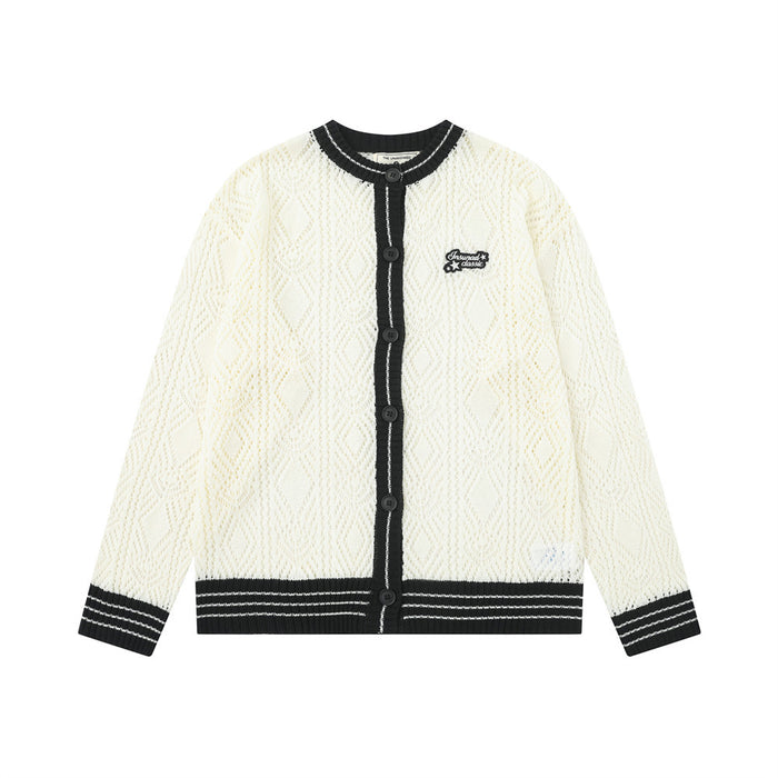 Men's open-knit diamond-texture crew neck cardigan sweater in cream with black contrast trim and button-front placket