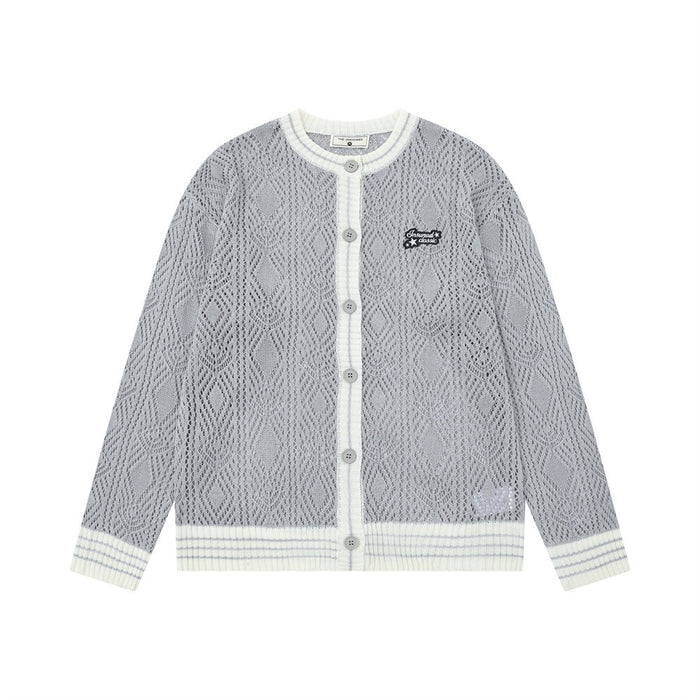 Gray open-knit cardigan front with diamond texture, cream striped trim, round buttons, and chest patch