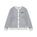 Gray open-knit cardigan front with diamond texture, cream striped trim, round buttons, and chest patch